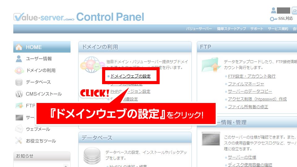 ドメインウェブの設定をクリック