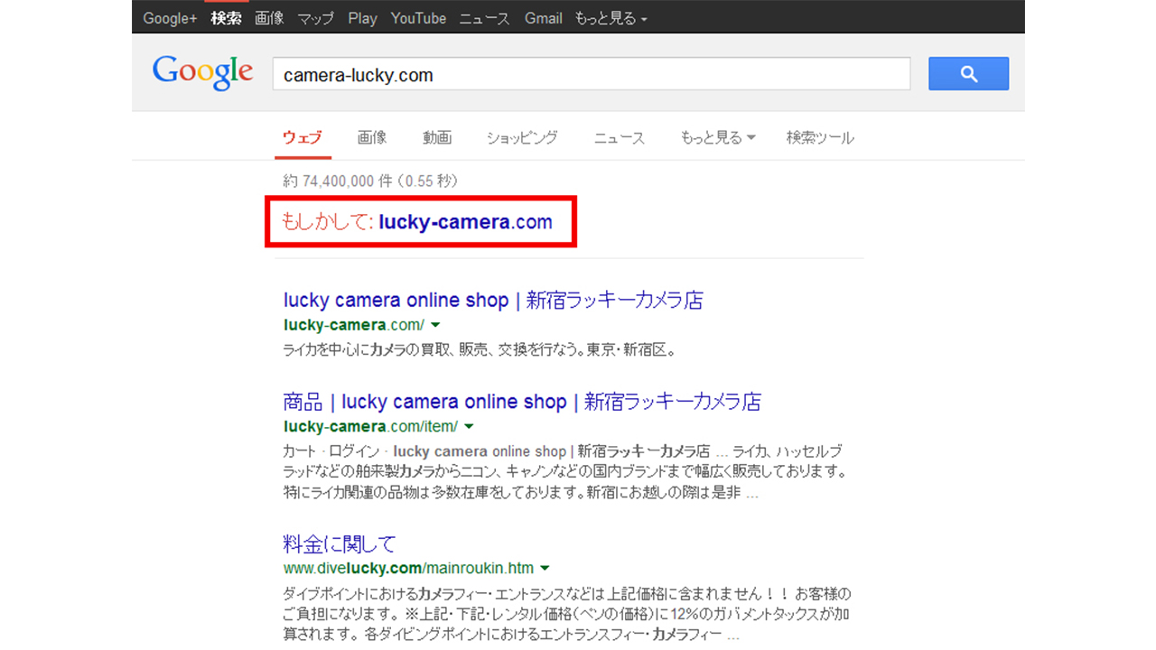 「camera-lucky」で検索したのに…もしかしてで「lucky-camera」が表示されてしまう