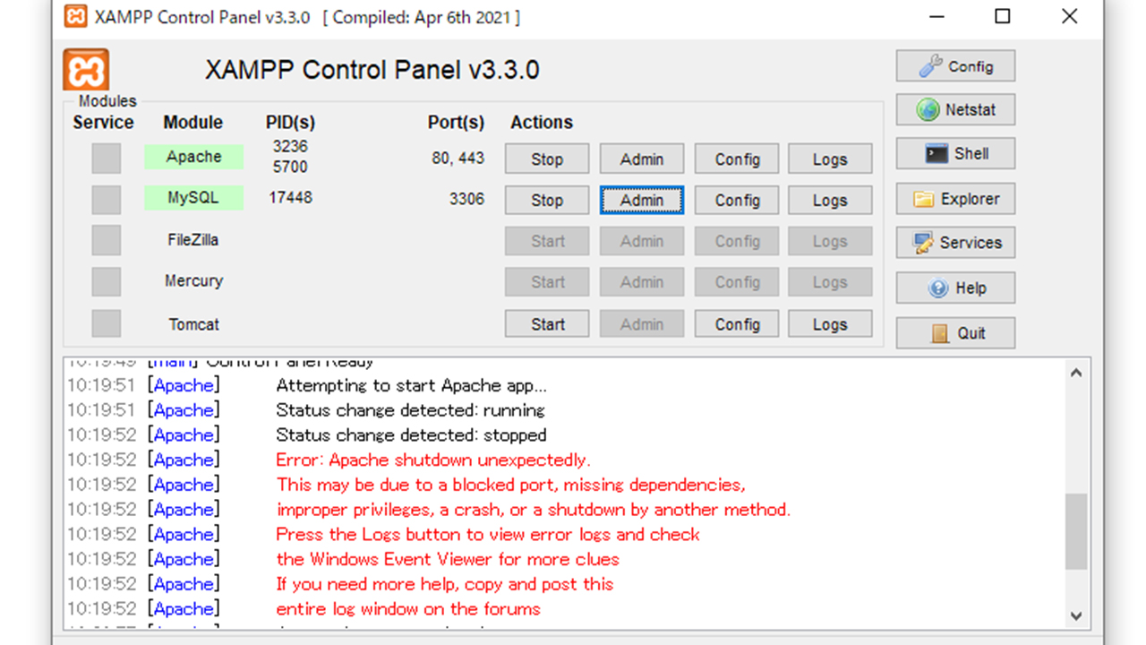 XAMPPが起動できずに表示されたエラー